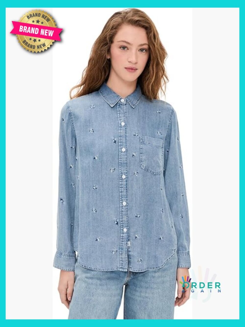 Floral Embroidered Denim Button Down Shirt Collared Long Sleeve Classic Chic